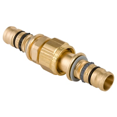 Geberit Mepla RG-union med muffesamling på 20 mm, set skråt med det brede midterstykke og sorte tætningsringe synlige.