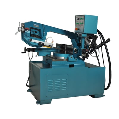 Scantool 420 GSHT SEMI metalbåndsav i blågrå farve med kontrolpanel og hydrauliske slanger.