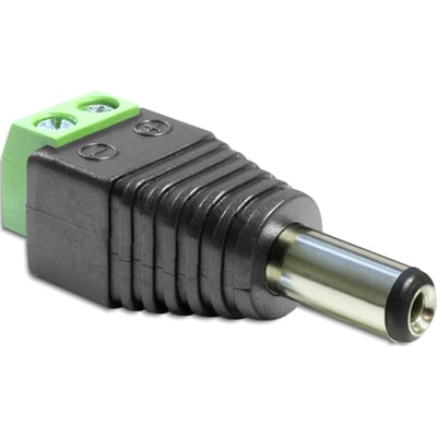 DeLOCK DC-terminalblockadapter med 2,1x5,5mm stik og plus i midten, med skrueterminaler og grøn koblingsskinne.