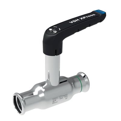 VSH Xpress kuglehane i rustfrit stål, 28 mm diameter, med sort håndtag og grøn markering.