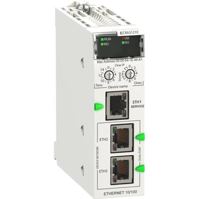 Schneider Electric Modicon X80 Erio drop adapter med Ethernet backplane og tre Ethernet-porte. Modulet er hvidt med sorte og grønne markeringer.