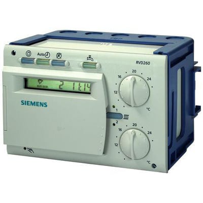 Siemens RVD260-A fjernvarme regulator med digitalt display, to drejeknapper og knapper øverst.