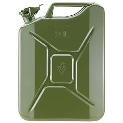 Grøn 20 liters benzindunk i stål, klassisk Jerry Can design med integreret håndtag og UN-godkendelse.