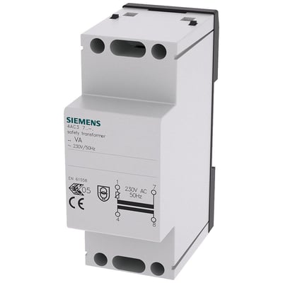 Siemens sikkerhedstransformator 16VA, 230V AC primær, 8V AC sekundær med PTC-sikring monteret på DIN-skinne.