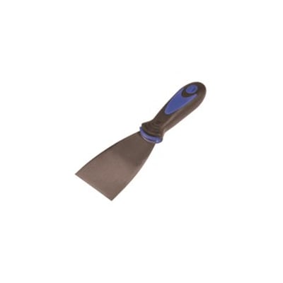 Roliba spartel i rustfrit stål med sort og blå plastikhåndtag, 10 cm bred, isoleret på hvid baggrund.