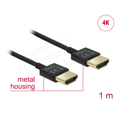 Delock HDMI-A-kabel på 1 meter med sort slankt kabel og to stik med metalhuse, vist diagonalt.