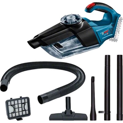 Bosch GAS 18V-1 solo støvsuger med gennemsigtig beholder samt slange, rør og mundstykker.