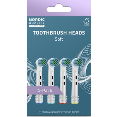 Nordic Quality EB28P Standard Soft børstehoveder i 4-pak, vist på produktpakke med blå og hvid grafik.