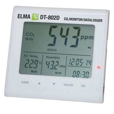 Monitor Elma DT802D CO2 monitor/datalogger viser 543 ppm CO2, 22.9°C, 43.2% RH og klokkeslæt 12:05:14.