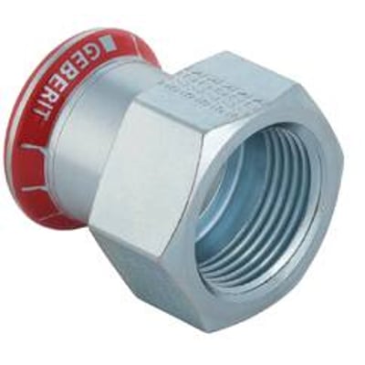 Geberit Mapress overgangsmuffe til 15mm rør med 3/8" gevindmuffe, forzinket stål med rød presseindikator.