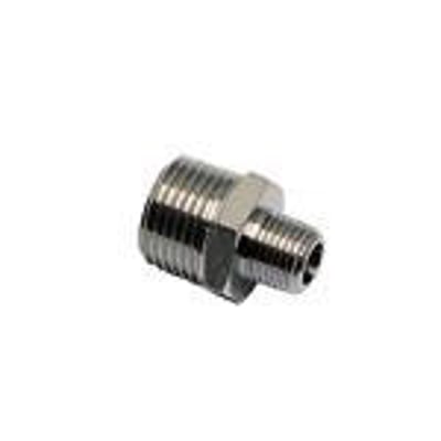 Parker Legris brystnippel KRG 0900 med R1/4" udvendigt gevind og R1/2" udvendigt gevind, fremstillet af nikkelbelagt messing.