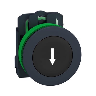 Schneider Electric Harmony XB5/ZB5 komplet flush trykknap i sort med hvid pil, 1xNO kontakt og grøn monteringsring.