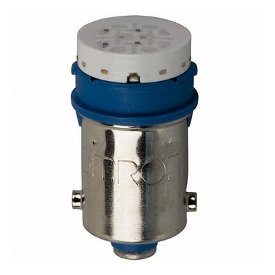 Omron A22-24AA blå LED-indikatorlampe til 24 VAC/DC med et blankt metalkontakt og blå plastkrage.