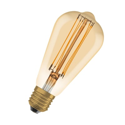 Ledvance 1906 Edison Guld LED-pære med E27 sokkel og dekorativt, gyldent glas med synlige filamenter.
