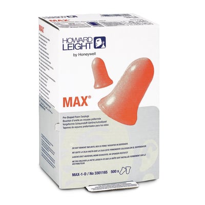 Emballagen til Howard Leight HSP Max skumørepropper til LS500 viser illustrationer af orange ørepropper og MAX-mærket.
