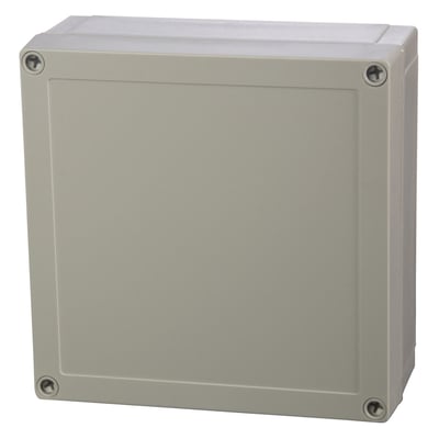 Fibox MNX kassebund i grå polycarbonat med mål 180x180x75 mm, vist forfra med fire synlige dækselskruer.