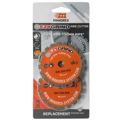 Mandrex EzyGrind erstatnings skæreskiver til rørskærer, pakke med 2 stk. til Ø90-150mm plastrør, 2500 RPM.