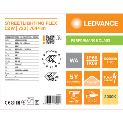 Produktetiket med specifikationer og symboler for Ledvance Streetlight Flex S vejbelysning på 52 W.
