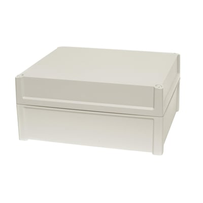 Fibox TEMPO kabinet i lys grå ABS plast med mål 344 x 289 x 157 mm og gråt dæksel, IP65 klassificeret.