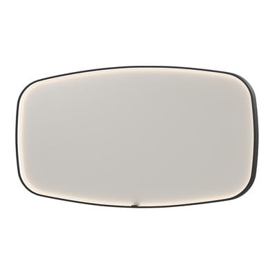 Sanibell INK SP31 spejl på 160x80 cm med matsort aluramme, viser spejlets superellipseform og integreret frontlys.