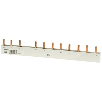 Siemens PIN samleskinne 5ST3 med 16mm² tilslutning, viser 11 kobberben mærket L1, L2, L3 på hvid baggrund.