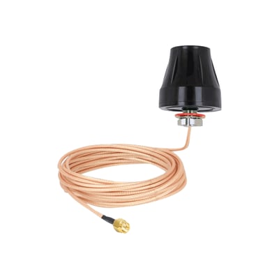 Sort Delock LTE-antenne med 2 dBi, fast tilslutningskabel rullet sammen og SMA-stik.