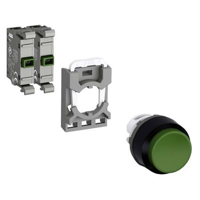 ABB trykknap MP1-40G-20 komponenter: grå kontaktblok, monteringsramme og grøn trykknap med sort kant.