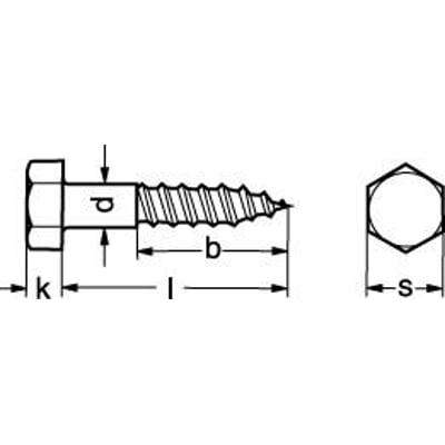Teknisk tegning af en 6 x 60 DIN 571 varmgalvaniseret fransk skrue, der viser dimensioner som længde 'l', gevindlængde 'b', skruehoved diameter 'p' og sekskantbredde 's'.
