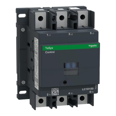 Schneider Electric TeSys D kontaktor LC1D150, 3-polet med 150A strømkapacitet og 230VAC spole. Synlige mærkninger inkluderer L1, L2, L3, T1, T2, T3 og Schneider Electric logo.