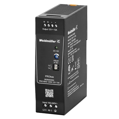 Weidmüller PROBAS strømforsyning 120W, 12VDC, 10A, set skråt forfra, med tydelige mærkater og justeringsknap fremhævet.