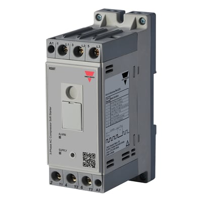Carlo Gavazzi RSBT-softstarter til skruekompressor med gråt kabinet, synlige tilslutningsklemmer og frontbetjening.