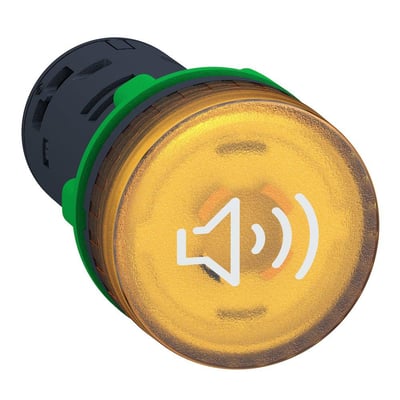 Schneider Electric lydgiver Ø22mm i gul plast med hvidt lydsymbol og integreret gul LED, 24V AC/DC.