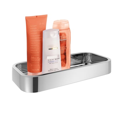 HeFe OUTLINE rektangulær sæbekurv i krom med blank overflade, vist med badeartikler og på hvid baggrund.