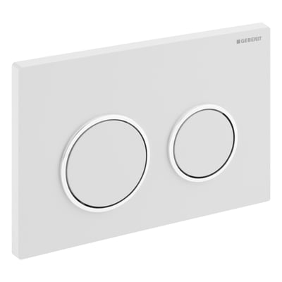 Geberit Kappa21 betjeningsplade i hvid ABS plast med to cirkulære skylleknapper i krom, der passer til Geberit Kappa cisterner.