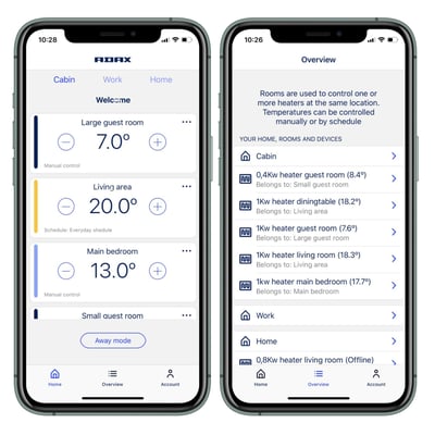 To screenshots af Adax app til smartphone, der viser temperaturkontrol og oversigt over opvarmede rum.