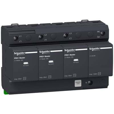 Schneider Electric Overspændingsafledning PRD1 Master 3P+N i mørkegrå, viser tilslutningspunkter L1, L2, L3 og PE samt tre udskiftelige moduler.