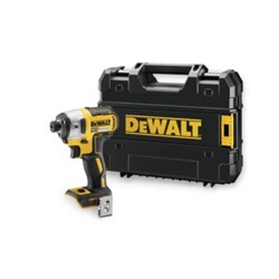 DeWalt 18V kulløs slagskruetrækker med etui, viser værktøjets kompakte design og DeWalt kuffertens logo.