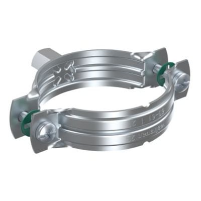 Nærbillede af Walraven 2S rørbøjle, der viser detaljer af gevind og plastskiver, samt prægningen 53-61 / 2 og Walraven 2S.