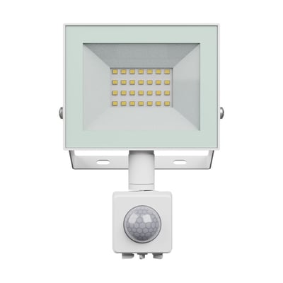 Hvid SpectrumLED 20 W LED-projektør med sensor, synlige LED-felter bag glas og monteringsbeslag.
