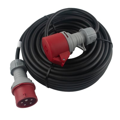 25 meter CEE 5P forlængerkabel med 16A IP44 og 5G1,5 H07RN-F kabel. Kablet er bundtet og har røde og grå CEE-stik.