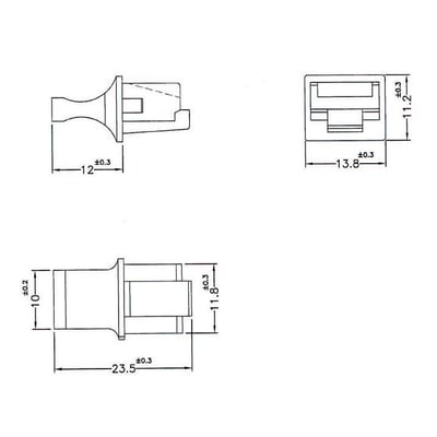 Tekniske tegninger af DeLock RJ45 støvdæksel, der viser dimensioner og form fra forskellige vinkler.