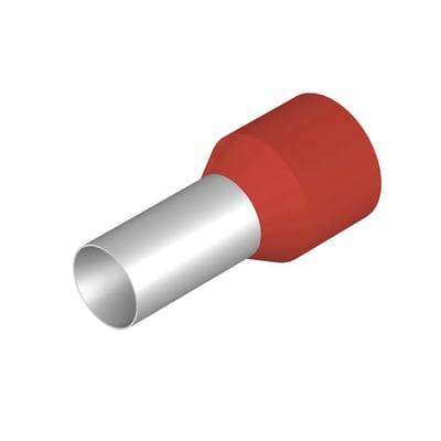 3D-rendering af et rødt Weidmüller terminalrør med en sølvfarvet metalforbindelse og en konisk, rød plastikkrave. Isoleret.
