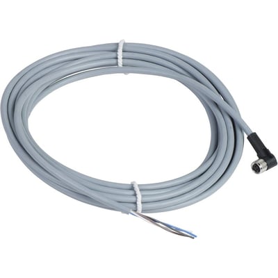 Schneider Electric sensorkabel XZCPV 4P M8 PVC 5 meter, gråt kabel med M8 hun vinkel stik og åbne ledningsender.