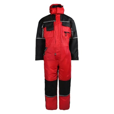 Lyngsøe Rainwear vinterkedeldragt LR7033 i sort og rød, 8XL, vist forfra med hætte og reflekser.