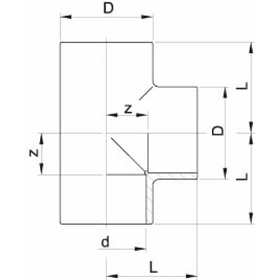 Teknisk tegning af Georg Fischer 50 mm ABS tee med dimensioner D, L og z angivet.