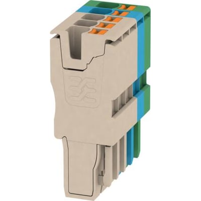 Weidmüller Stik APG 2.5/5-3BG-BL-GN, beige-blå-grøn med PUSH IN teknologi, vist på hvid baggrund.