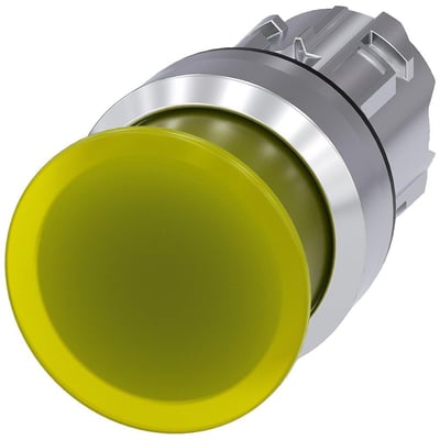 Siemens 22mm rundt, gult paddehattryk med metalramme og 30mm aktuator, vist på hvid baggrund.