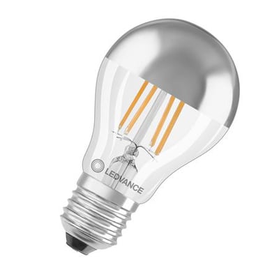 Osram Ledvance LED pære E27, 6,5W, topforspejlet i glas med synlige filamenter, 2700K.