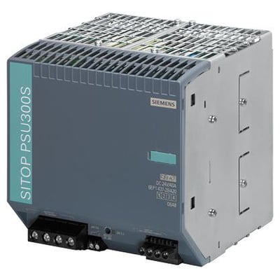 Siemens Sitop PSU300S 40A strømforsyning med 24 V DC output, monterbar på DIN-skinne i kompakt grå design med synlige terminaler.