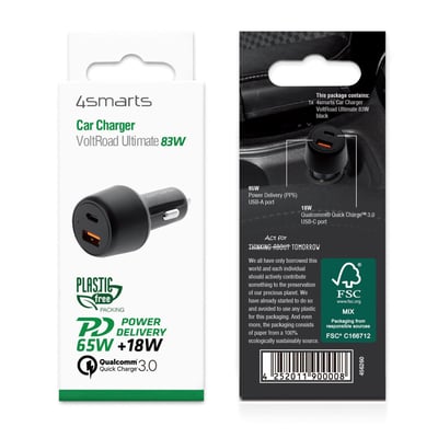 4smarts biloplader VoltRoad Ultimate i sort emballage med produktbilleder og tekniske specifikationer.